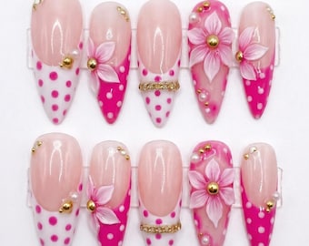 3D Pink Floral Press on Nails, Hot Pink Polka Dot Nails, Kawaii Flower & Pearl Nails, Handmade Custom Size Glue on Nails