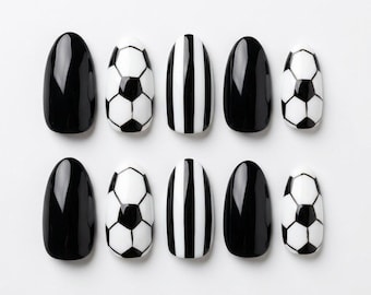 Soccer Press On Nails, Black White Football Nail Set, Sport Inspired Nails, Glossy Reusable Nails, Game Day Nail Art