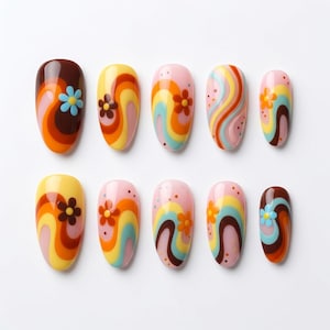 Retro Groovy 70s Press On Nails Colorful Floral & Swirl Nails, Cute Indie Flower Glue On Nails, Vintage Aesthetic Custom Size Gel Nails