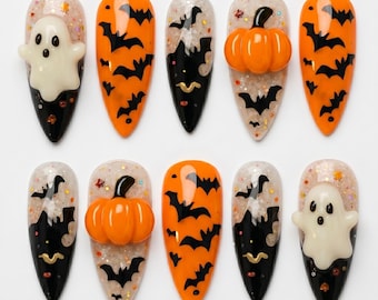 3D Ghost Press on Nails, Spooky Halloween  Nails, Black Bat Nails, Cute Pumpkin Glue on Nails, Glitter Gothic Fall Nails