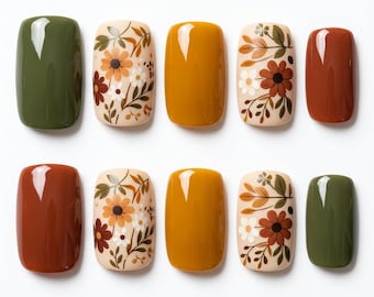 Vintage Floral Press On Nails, Cottagecore Fall False Nails, Cute Autumn Terracotta Nails, Custom Size Glue on Nails