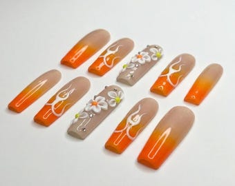 Orange Ombre Flame & 3D Flower Press On Nails, Long Square Handmade Fake Nails, Summer Floral Nails with Rhinestones, Trendy Glue On Nails