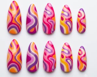 Groovy 70s Abstract Press On Nails, Psychedelic Swirl Glue On Nails, Trendy Summer Nail Art, Y2k Aesthetics Custom Size Nails