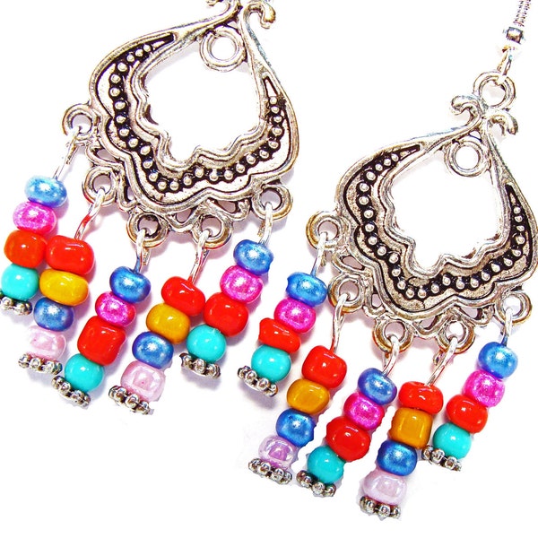 Gypsy, Bohemian, Calypso style Antique Silver Chandelier Earrings with #Red #Fucshia #Orange #Blue #Pink #Turquoise Beads #giftsforher