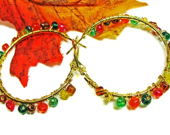 Colorful Autumn Colored Wire Wrapped and Wire Crocheted Goldtone Hoop Earrings  #autumnearrings #etsyhandmade #giftsforher #hoopearrings