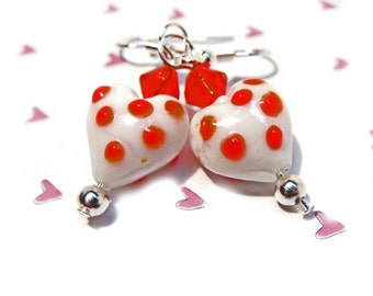 Red and White Lampwork Heart Earrings with Red Bicone Beads