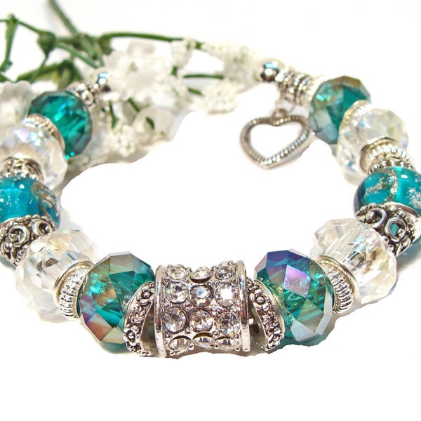 Emerald Green Euro-Style Crystal Faceted Cuff Bracelet with Heart Charm