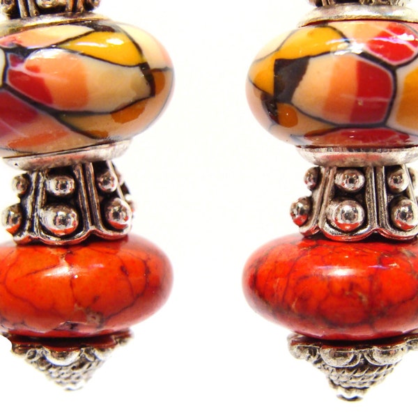 Earrings with Orange, Red and Mustard Euro-Style Stacked Beads and  Reddish Orange Howlite Turquoise Beads, Southwestern, Sunset