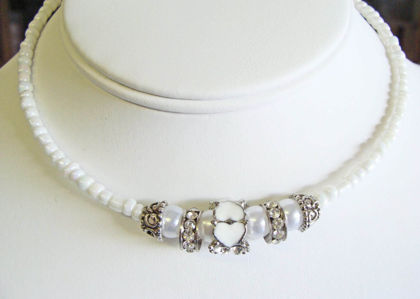 White Sweetheart Choker Necklace With Pearls and Crystals Etsy