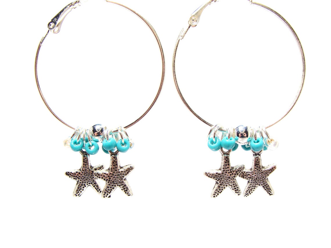 Cute Aqua Beach Hoop Earrings With Tibetan Silver Starfish Etsy