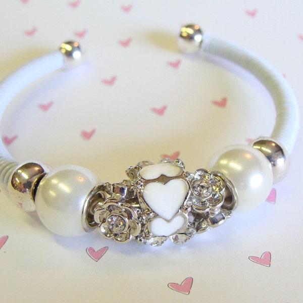 Gorgeous White Sweetheart Cuff Bracelet with Pearls and Crystals