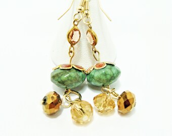 Green Faceted Rondelles with Gold & Topaz Beads and Cloisonne Bead Caps