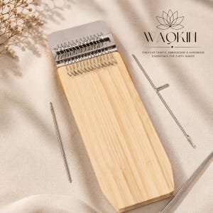 May include: A rectangular bamboo speed weaving tool featuring a silver metal comb with multiple hooks at the top. The set includes a long, thin silver needle and a T-shaped silver metal tool. The text WAOKIN CREATIVE CRAFTS, EMBROIDERY & HANDMADE ESSENTIALS FOR EVERY MAKER is visible.