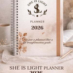Puede incluir: Una agenda de espiral con el texto "SHE IS LIGHT PLANNER 2026" en la portada. La portada tiene un diseño floral y las palabras "Not just a planner. But a life transformation guide."
