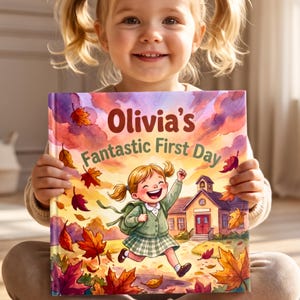 Peut inclure: Un livre d'images carré pour enfants intitulé Olivia's Fantastic First Day. La couverture présente une illustration colorée d'un jeune enfant avec des couettes courant vers une école, entouré de feuilles d'automne orange, rouges et jaunes.