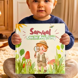 Peut inclure: Un livre pour enfants carré intitulé Samual Can be Anything, illustré d'un enfant en tenue de safari tenant une loupe, entouré d'herbe verte, de champignons rouges, d'un soleil jaune et d'une libellule sur un fond blanc.