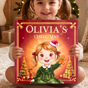 Puede incluir: Un libro de tapa dura titulado Olivia's Christmas con una cubierta roja que presenta un borde dorado, campanas y una ilustración de dibujos animados de un niño con vestido verde y gorro de Papá Noel sosteniendo una galleta.