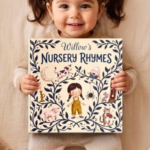 Peut inclure: Un livre carré à couverture rigide intitulé Willow's Nursery Rhymes avec un fond crème et une bordure de feuilles bleu foncé. La couverture présente des illustrations d'une vache, d'une lune, d'une horloge, d'un chat au violon, d'un mouton et d'un enfant.