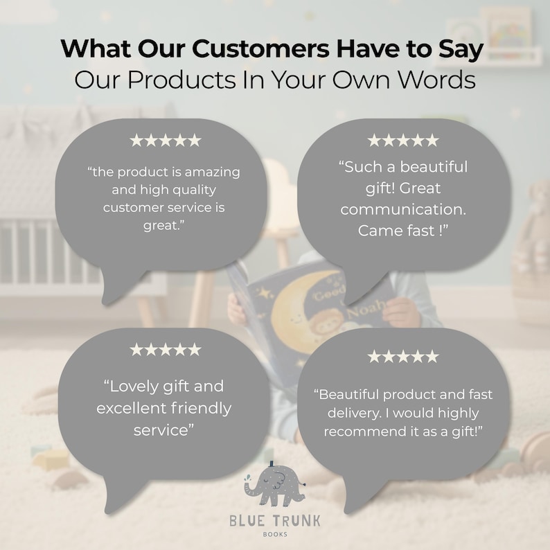K&ouml;nnte beinhalten: Eine Grafik mit dem Titel What Our Customers Have to Say Our Products In Your Own Words, die vier graue Sprechblasen mit F&uuml;nf-Sterne-Bewertungen und Kundenrezensionen zeigt. Unten befindet sich ein graues Elefanten-Symbol und der Text BLUE TRUNK BOOKS.