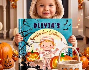 Cestino regalo personalizzato per Halloween con libro "Boo", libro di fiabe personalizzato con nome, bomboniera per feste di Halloween per bambini, regalo autunnale, ricordo per dolcetto o scherzetto per neonati e bambine.