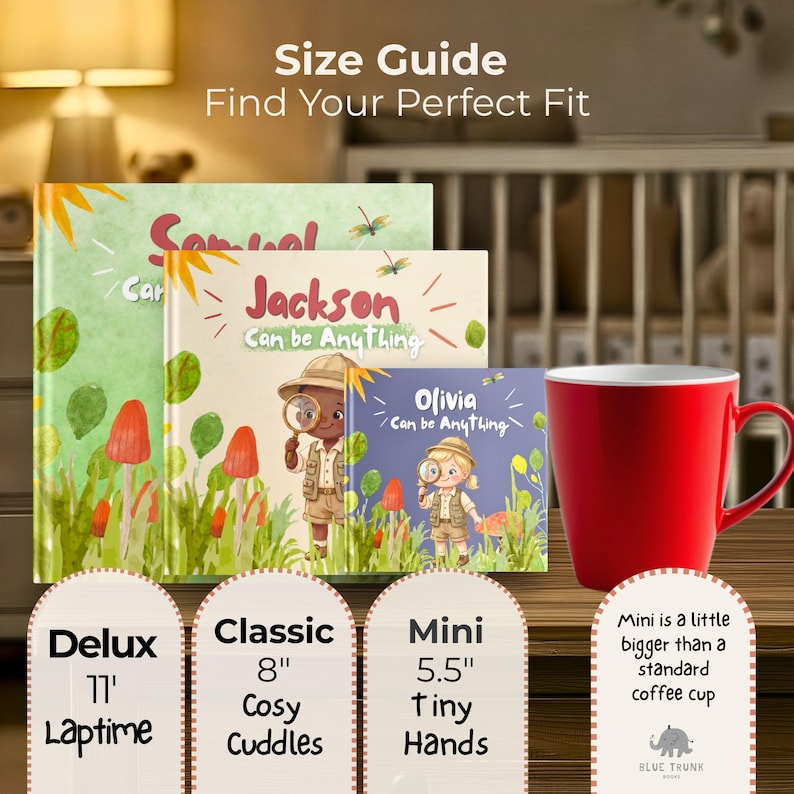 Peut inclure: Trois livres pour enfants avec des pr&eacute;noms personnalis&eacute;s et des illustrations d'enfants en tenue d'explorateur avec des loupes, &agrave; c&ocirc;t&eacute; d'une tasse &agrave; caf&eacute; rouge. Le texte inclut Size Guide, Find Your Perfect Fit et les titres.