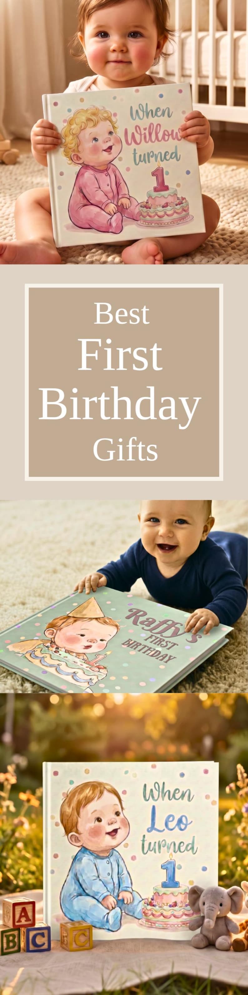K&ouml;nnte beinhalten: Ein personalisiertes Kinderbuch mit festem Einband, das eine farbenfrohe Illustration eines Babys, eine Geburtstagstorte mit einer Kerze in Form der Zahl Eins sowie den Text When Willow turned 1, Raffy's First Birthday oder When Leo turned 1 zeigt.