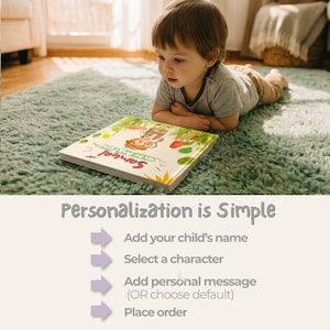 Peut inclure: Un livre pour enfants carr&eacute; &agrave; couverture blanche illustr&eacute; d'un dessin de personnage et du texte 'Samuel can be anything'. Sous le livre, le texte 'Personalization is Simple' indique les &eacute;tapes pour ajouter un nom, choisir un personnage, ajouter un message et passer commande.