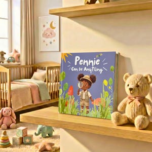Peut inclure: Un livre pour enfants carr&eacute; intitul&eacute; Pennie Can be Anything, illustr&eacute; d'un enfant en tenue de safari tenant une loupe dans un champ d'herbes, pos&eacute; sur une &eacute;tag&egrave;re en bois &agrave; c&ocirc;t&eacute; d'un ours en peluche beige.