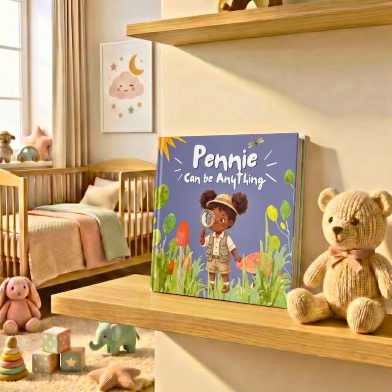 Peut inclure: Un livre pour enfants carr&eacute; intitul&eacute; Pennie Can be Anything, illustr&eacute; d'un enfant en tenue de safari tenant une loupe dans un champ d'herbes, pos&eacute; sur une &eacute;tag&egrave;re en bois &agrave; c&ocirc;t&eacute; d'un ours en peluche beige.