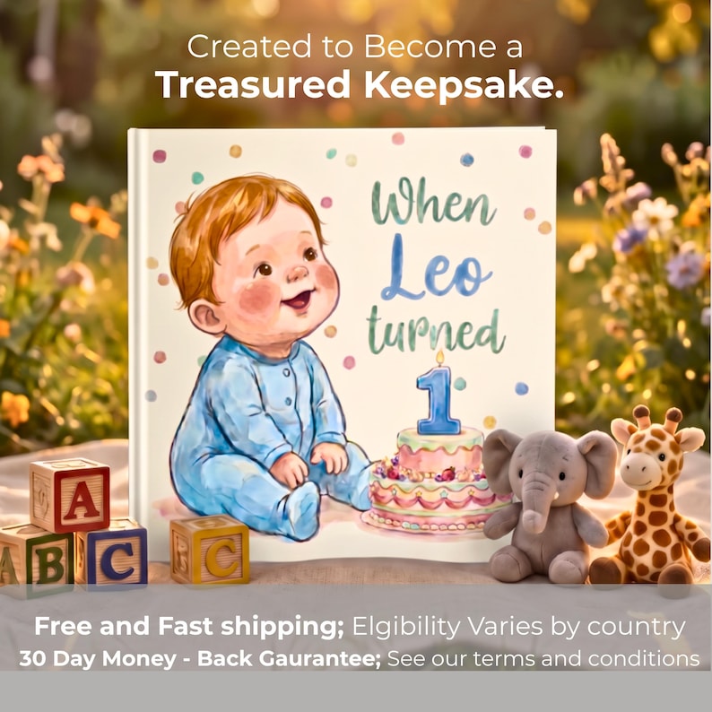 K&ouml;nnte beinhalten: Ein quadratisches Kinderbuch mit wei&szlig;em Einband und einer Aquarellillustration eines Babys in blauem Outfit, das neben einer Geburtstagstorte mit einer Kerze in Form einer Eins sitzt. Der Text lautet When Leo turned 1. Inklusive Holzkl&ouml;tzen.