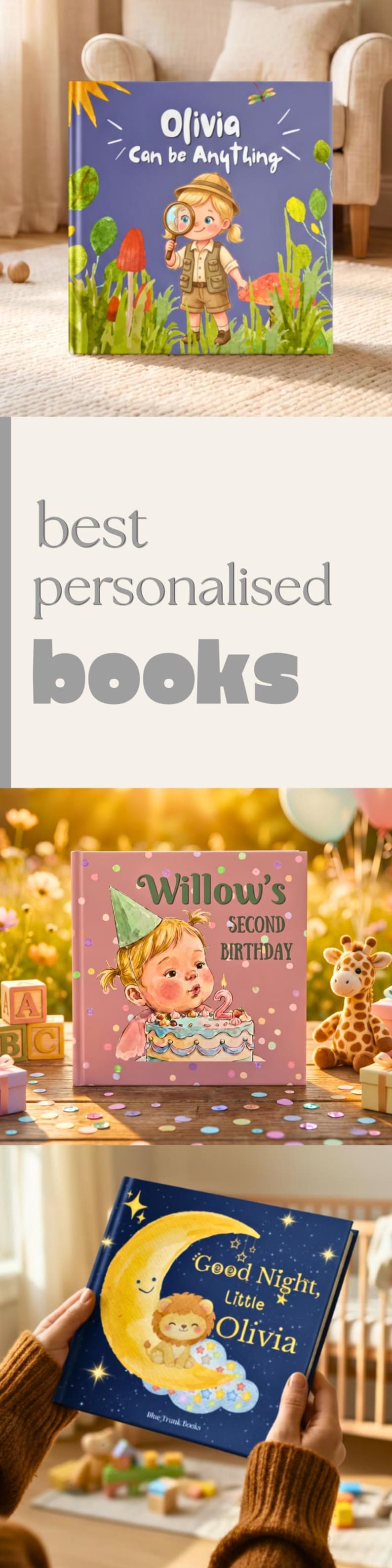 Peut inclure: Un ensemble de trois livres pour enfants &agrave; couverture rigide. Un livre montre un enfant avec une loupe intitul&eacute; Olivia Can be Anything. Un autre s'intitule Willow's Second Birthday avec un g&acirc;teau. Le troisi&egrave;me est Good Night, Little Olivia.