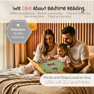 Peut inclure: Un livre pour enfants intitul&eacute; Noah Can Be Anything avec une couverture vert clair illustr&eacute;e d'un personnage tenant une loupe. Le livre est tenu ouvert par deux adultes et un enfant sur un lit. Le texte indique We Care About Bedtime Reading et Premium Quality Materials.