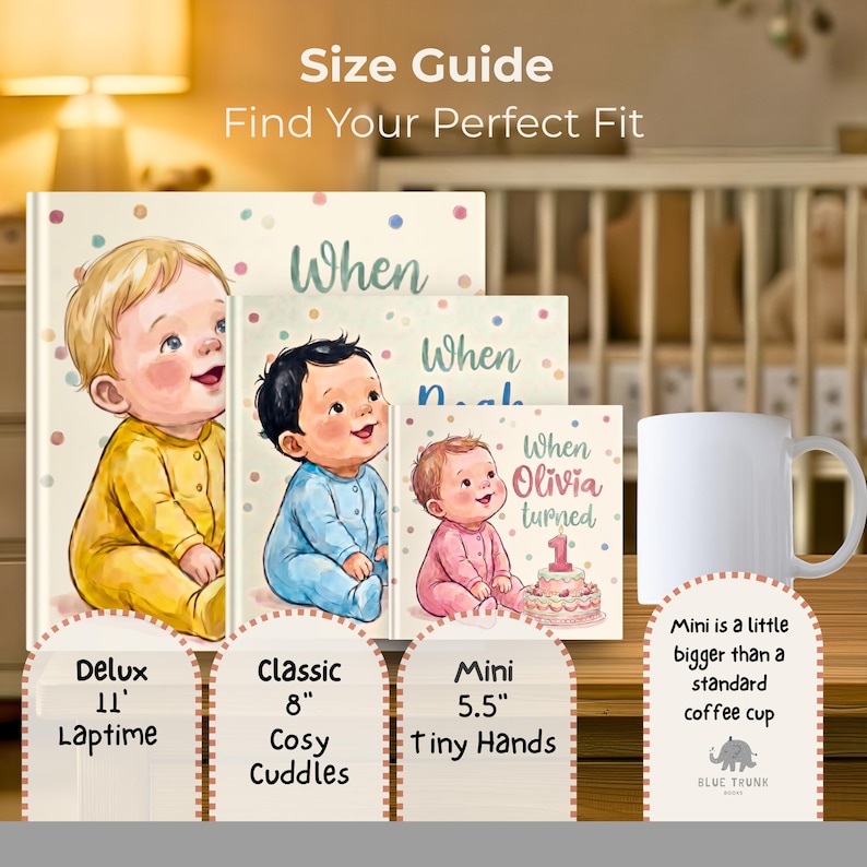 K&ouml;nnte beinhalten: Eine Gr&ouml;&szlig;entabelle f&uuml;r B&uuml;cher mit drei Illustrationen von Babys in gelber, blauer und rosa Kleidung. Der Text umfasst 'Size Guide', 'When', 'When Noah', 'When Olivia turned 1' sowie Angaben f&uuml;r Deluxe 28 cm, Classic 20 cm und Mini 14 cm.