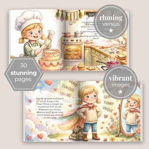 Peut inclure: Un livre pour enfants pr&eacute;sentant deux doubles pages ouvertes. La page du haut montre un enfant blond avec une toque d&eacute;corant un g&acirc;teau dans une cuisine. La page du bas montre le m&ecirc;me enfant portant une cape devant un miroir avec du texte.