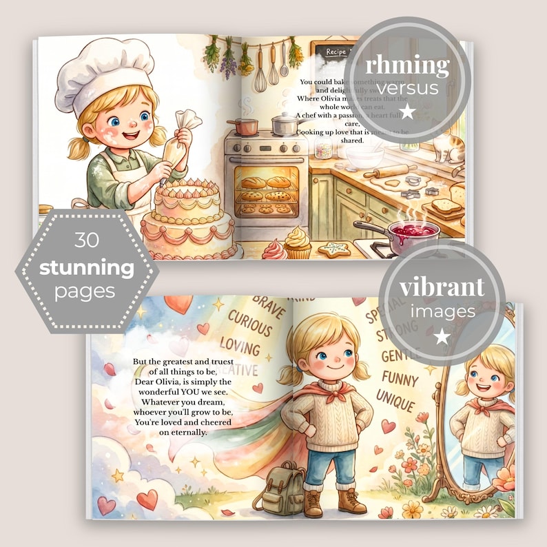 Peut inclure: Un livre pour enfants pr&eacute;sentant deux doubles pages ouvertes. La page du haut montre un enfant blond avec une toque d&eacute;corant un g&acirc;teau dans une cuisine. La page du bas montre le m&ecirc;me enfant portant une cape devant un miroir avec du texte.