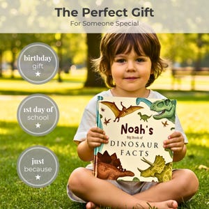 Puede incluir: Un libro de tapa dura titulado Noah's Big Book of Dinosaur Facts con ilustraciones de varios dinosaurios, incluyendo un pterod&aacute;ctilo, un T-Rex y un triceratops. La portada tiene un fondo crema con texto en marr&oacute;n oscuro y verde.