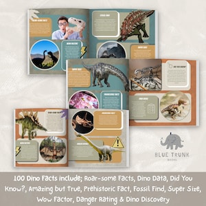 Puede incluir: Un libro educativo sobre dinosaurios titulado 100 Dino Facts, que presenta ilustraciones coloridas de varios dinosaurios, im&aacute;genes de f&oacute;siles y secciones de texto etiquetadas como Roar-some Facts, Dino Data, Did You Know y Danger Rating.