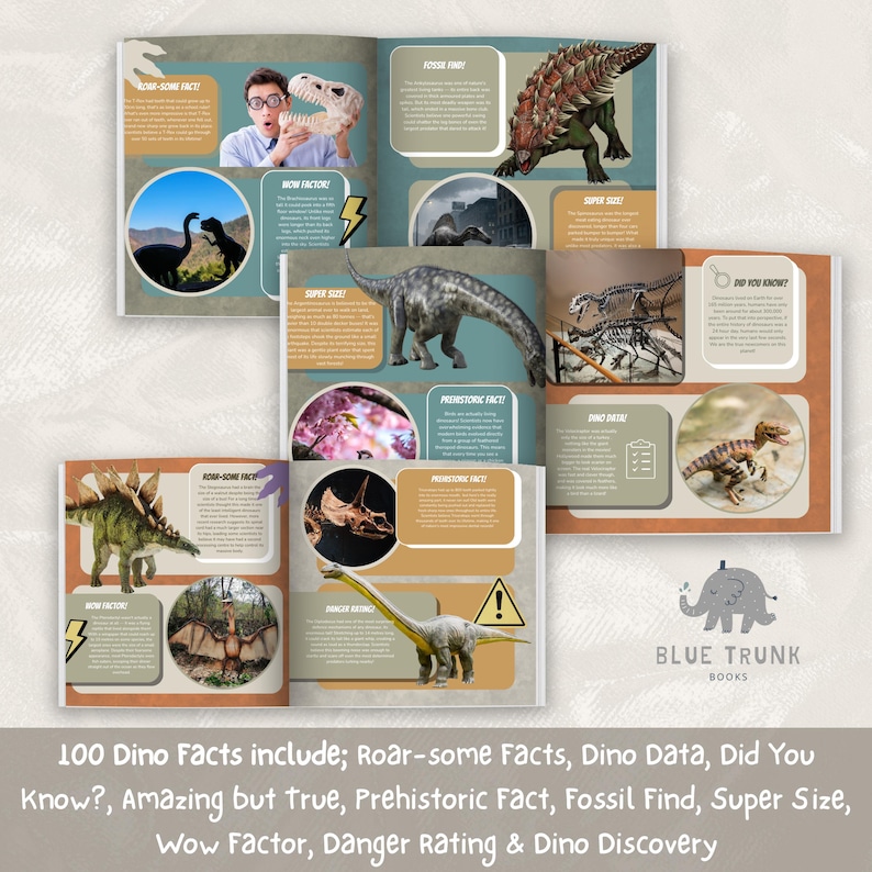 Puede incluir: Un libro educativo sobre dinosaurios titulado 100 Dino Facts, que presenta ilustraciones coloridas de varios dinosaurios, im&aacute;genes de f&oacute;siles y secciones de texto etiquetadas como Roar-some Facts, Dino Data, Did You Know y Danger Rating.