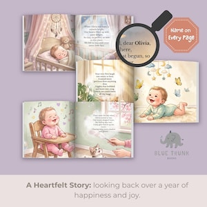 K&ouml;nnte beinhalten: Ein personalisiertes Kinderbuch mit Illustrationen eines Babys in verschiedenen Umgebungen, darunter ein Kinderbett, spielend mit Schmetterlingen und sitzend in einem Hochstuhl. Die Seiten enthalten gedruckten Text und den Namen Olivia.