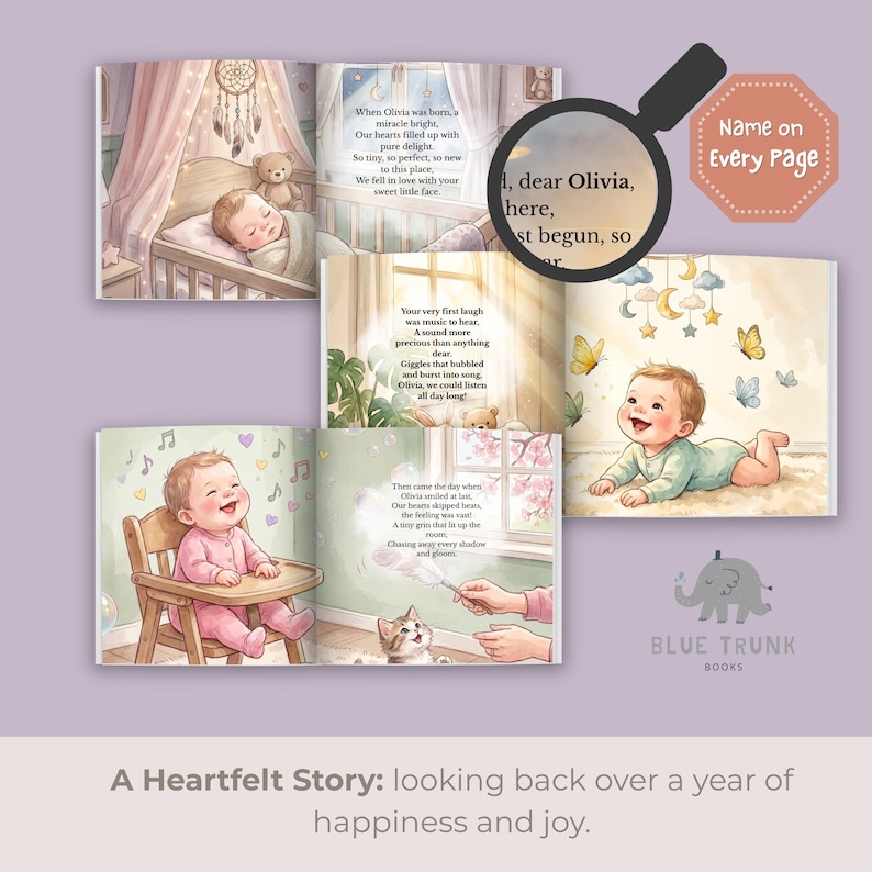 K&ouml;nnte beinhalten: Ein personalisiertes Kinderbuch mit Illustrationen eines Babys in verschiedenen Umgebungen, darunter ein Kinderbett, spielend mit Schmetterlingen und sitzend in einem Hochstuhl. Die Seiten enthalten gedruckten Text und den Namen Olivia.