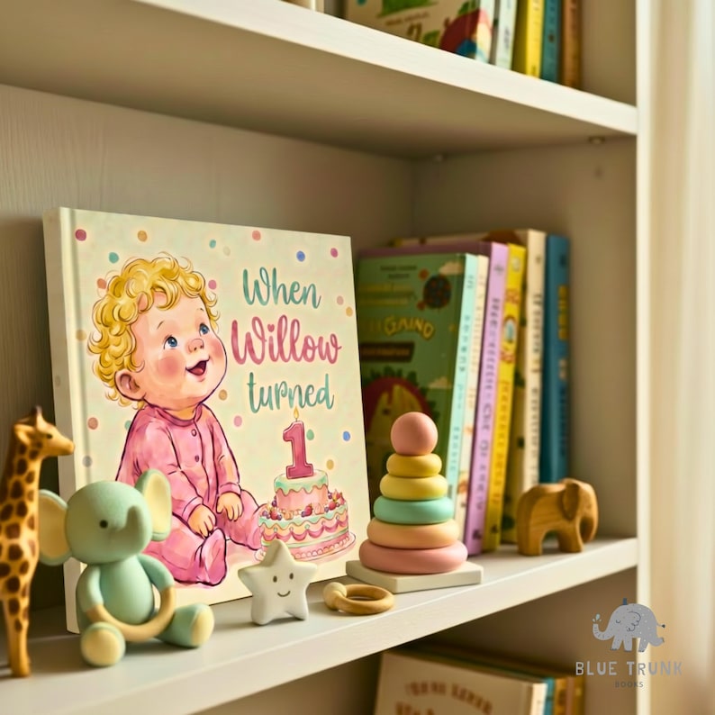 K&ouml;nnte beinhalten: Ein Kinderbuch mit dem Titel When Willow turned 1, das ein Baby im rosa Schlafanzug neben einer Geburtstagstorte mit einer Kerze in Form der Zahl Eins zeigt. Das Buch steht in einem Regal neben einer Giraffe, einem Elefanten und Stapelringen.
