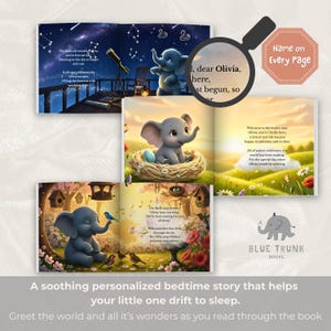 K&ouml;nnte beinhalten: Ein personalisiertes Kinderbuch mit Illustrationen eines Babyelefanten in verschiedenen Umgebungen, darunter eine sternenklare Nacht, ein Vogelnest und ein Garten. Die Seiten enthalten Text an Olivia, wobei eine Lupe den Namen hervorhebt.