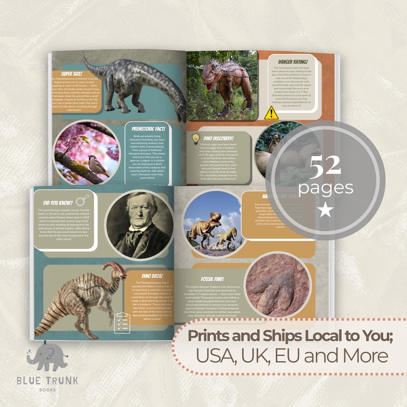 Puede incluir: Un libro educativo sobre dinosaurios de 52 p&aacute;ginas con ilustraciones coloridas de diversas criaturas prehist&oacute;ricas, huellas fosilizadas y retratos hist&oacute;ricos. Las p&aacute;ginas incluyen secciones de texto tituladas Super Size, Prehistoric Fact, Danger Rating, Dino Discovery, Did You Know, Dino Data y Fossil Find.