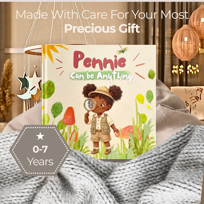 Peut inclure: Un livre pour enfants intitul&eacute; Pennie Can be Anything illustr&eacute; d'un enfant en tenue de safari tenant une loupe. La couverture pr&eacute;sente du feuillage vert, des champignons rouges et un badge hexagonal gris marqu&eacute; 0-7 Years.