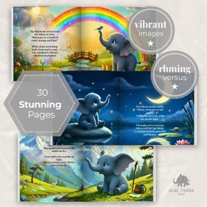 K&ouml;nnte beinhalten: Ein Kinderbilderbuch mit drei aufgeschlagenen Doppelseiten, die einen grauen Elefanten zeigen. Die Seiten illustrieren einen Regenbogen, eine n&auml;chtliche Szene mit einer Mondsichel und eine Berglandschaft, begleitet von gereimtem Text.