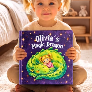 Puede incluir: Un libro cuadrado de tapa dura titulado Olivia's Magic Dragon, con un fondo morado estrellado y una colorida ilustración de un niño pequeño con coletas rubias abrazando a un gran dragón verde con manchas verde oscuro y cola larga.