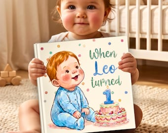 Libro di biglietti d'auguri personalizzato per il primo compleanno, per bambini e bambine / Nome personalizzato per un anno / Ricordo personalizzato per il compleanno del bambino