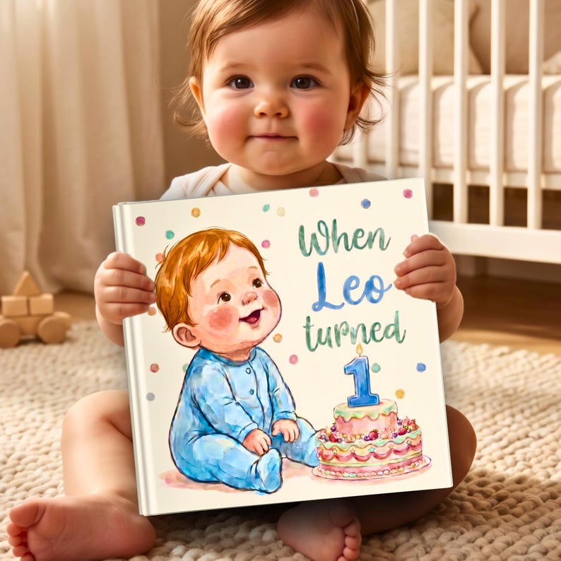 K&ouml;nnte beinhalten: Ein Hardcover-Buch mit cremefarbenem Einband, das eine Aquarellillustration eines Babys in blauem Outfit neben einer Geburtstagstorte mit einer Kerze in Form der Zahl eins zeigt. Der Text auf dem Einband lautet When Leo turned 1.