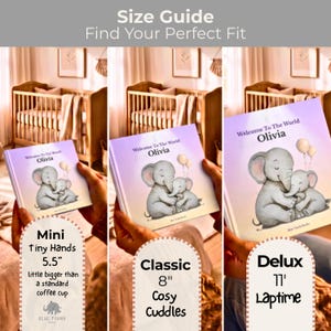 K&ouml;nnte beinhalten: Ein Gr&ouml;&szlig;enleitfaden f&uuml;r ein Kinderbuch mit dem Titel Welcome To The World Olivia, das zwei Elefanten zeigt. Der Leitfaden zeigt drei Buchgr&ouml;&szlig;en: Mini mit 14 cm, Classic mit 20,3 cm und Deluxe mit 27,9 cm, jeweils mit beschreibendem Text.