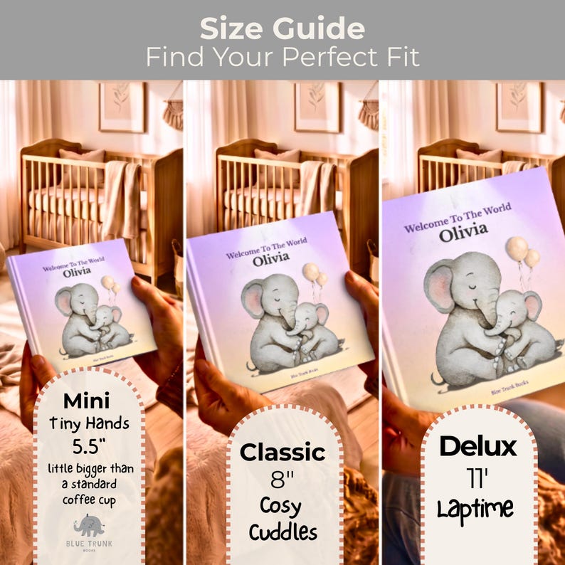K&ouml;nnte beinhalten: Ein Gr&ouml;&szlig;enleitfaden f&uuml;r ein Kinderbuch mit dem Titel Welcome To The World Olivia, das zwei Elefanten zeigt. Der Leitfaden zeigt drei Buchgr&ouml;&szlig;en: Mini mit 14 cm, Classic mit 20,3 cm und Deluxe mit 27,9 cm, jeweils mit beschreibendem Text.